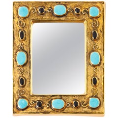 Francois Lembo Ceramic Mirror Jeweled Gold Black Turquoise Signed France, 1970s 5