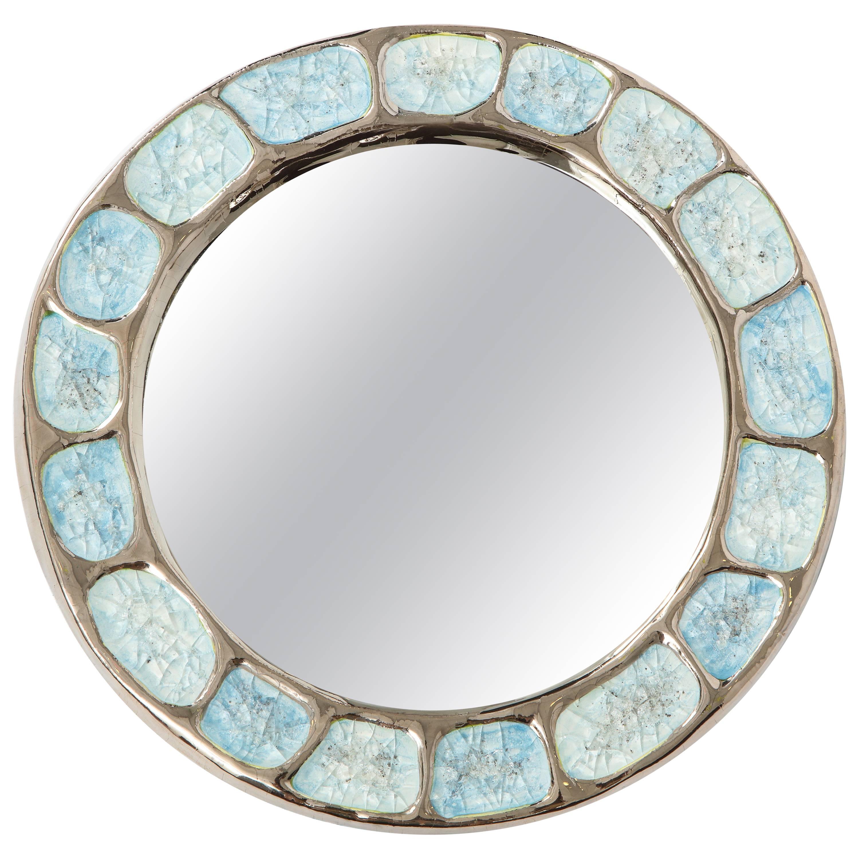 Francois Lembo Ceramic Mirror Metallic Silver Chrome Blue Round, France, 1970s