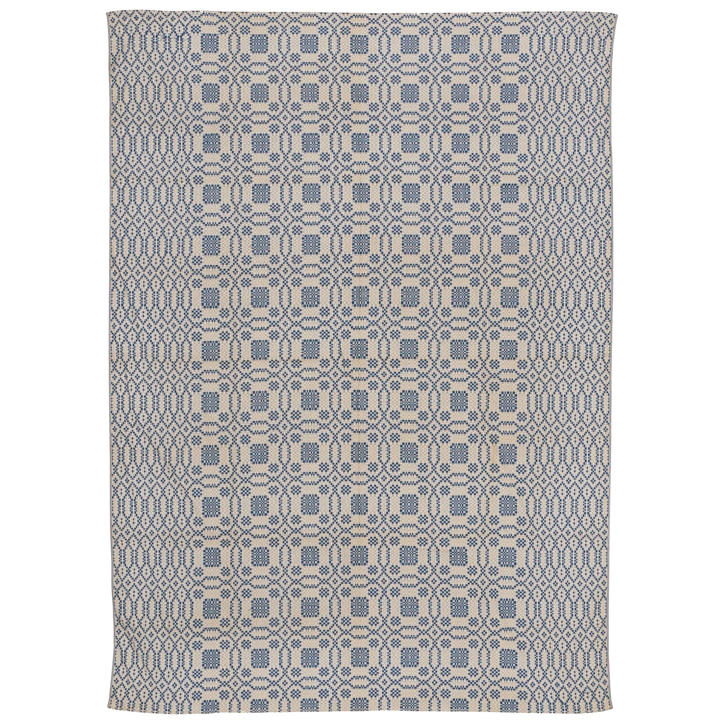 Fine Antique Ivory and Blue American Coverlet Rug For Sale