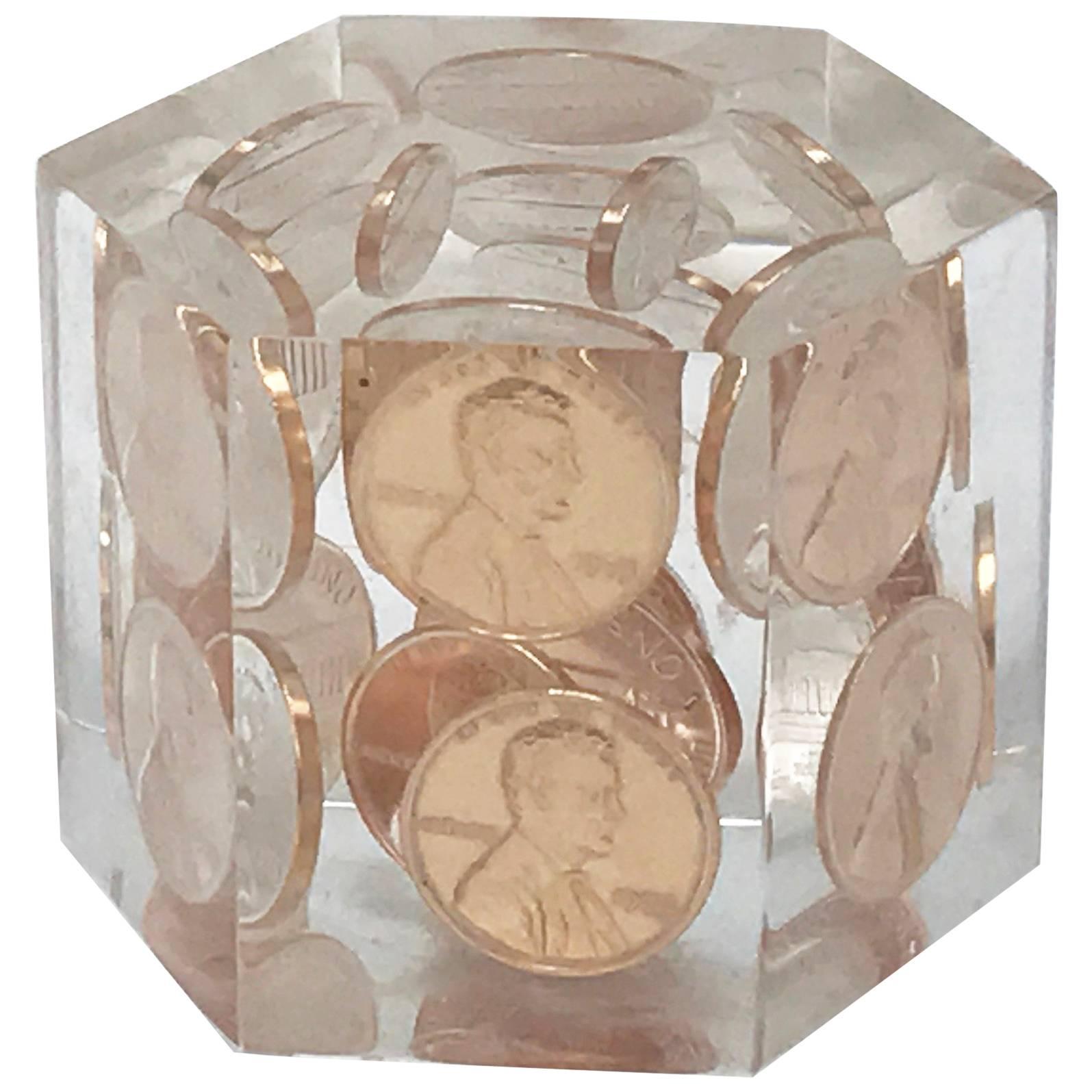 1980s Lucite and Copper Penny Paperweight
