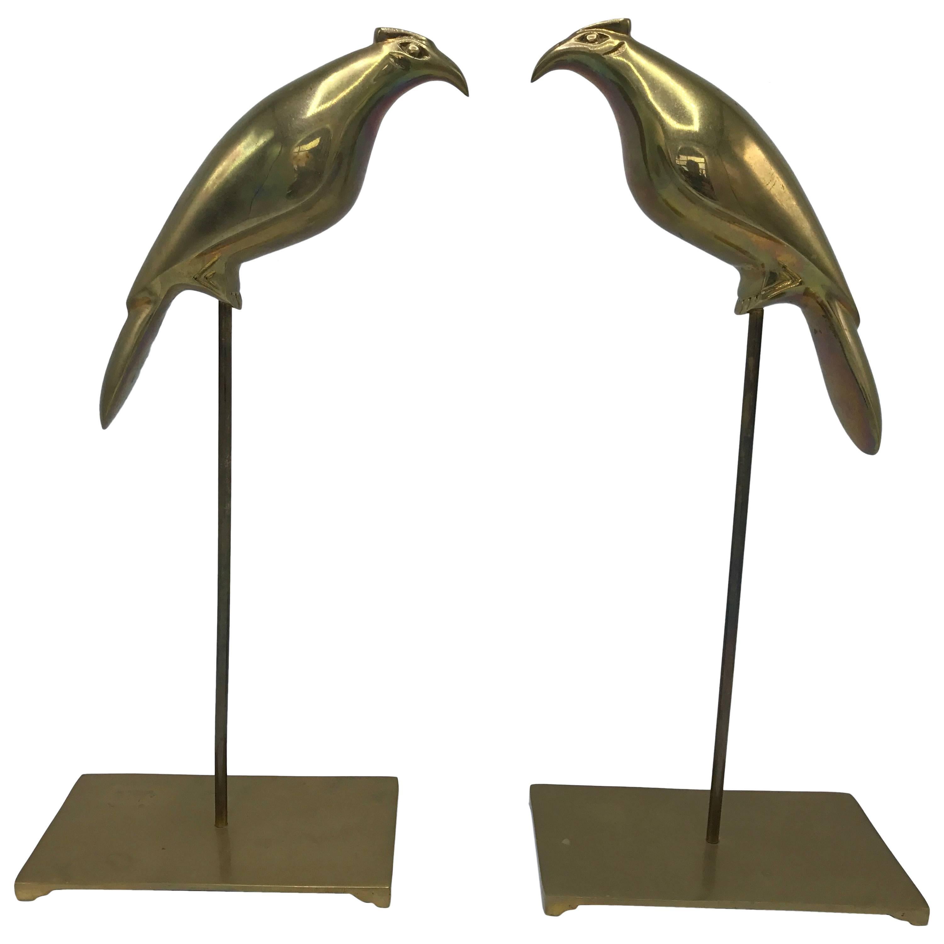 1960s Italian Brass Parakeet Bird Sculptures on Stand, Pair