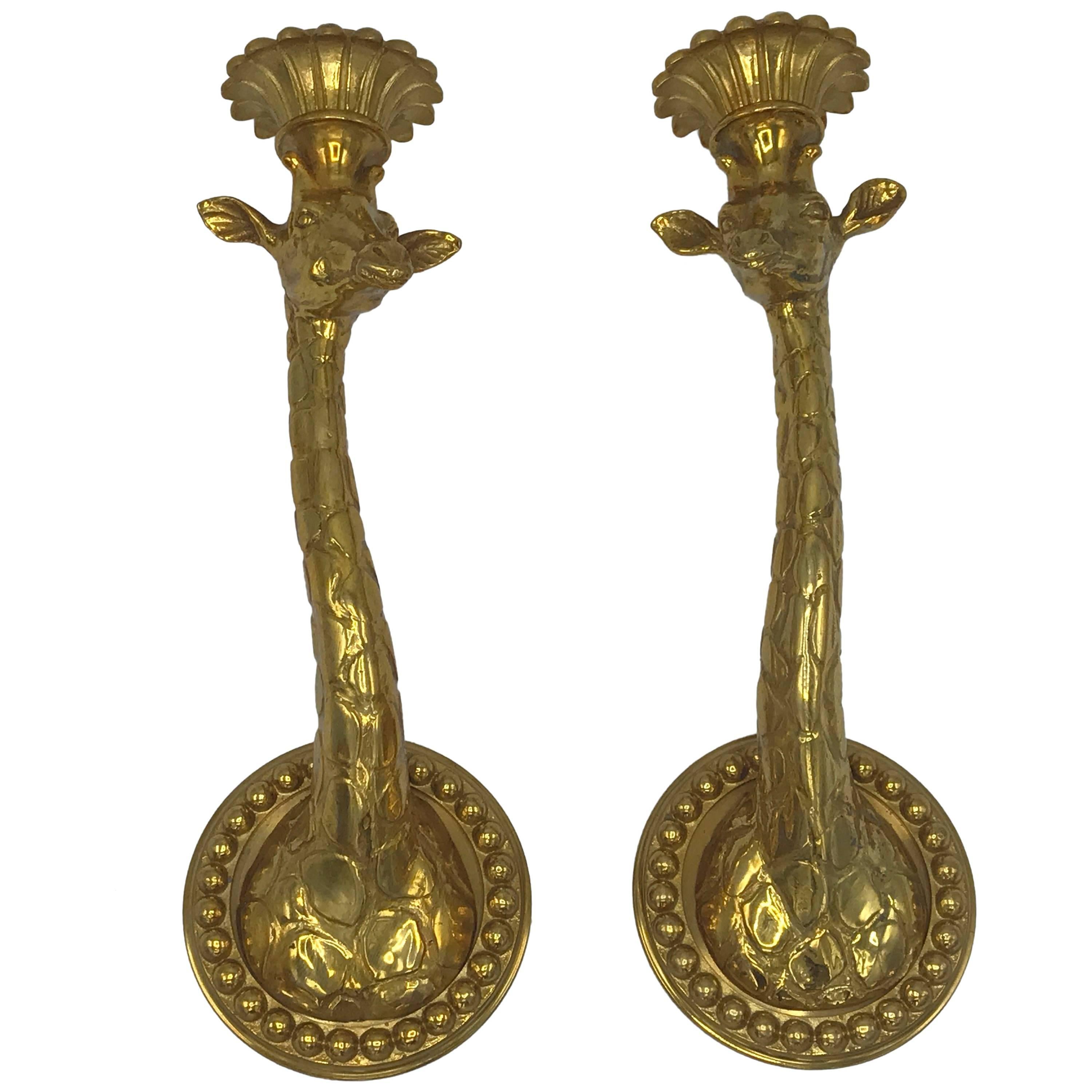 1970s Italian Gold-Plated Brass Giraffe Candlestick Sconces, Pair