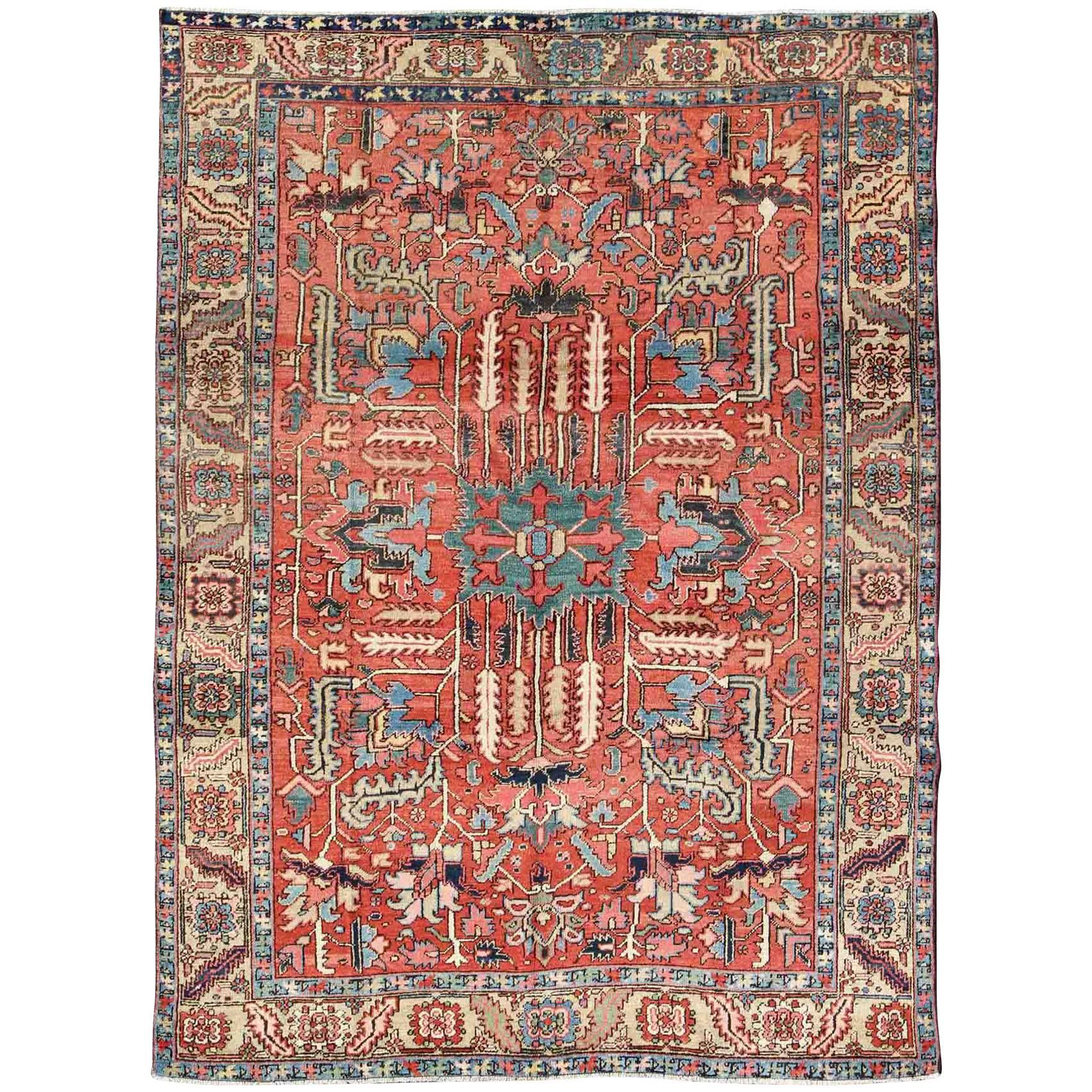 Antique All Over Serapi Goravan Rug in Soft Red, Yellow, L. Blue & L. Green For Sale