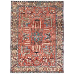 Antique All Over Serapi Goravan Rug in Soft Red, Yellow, L. Blue & L. Green