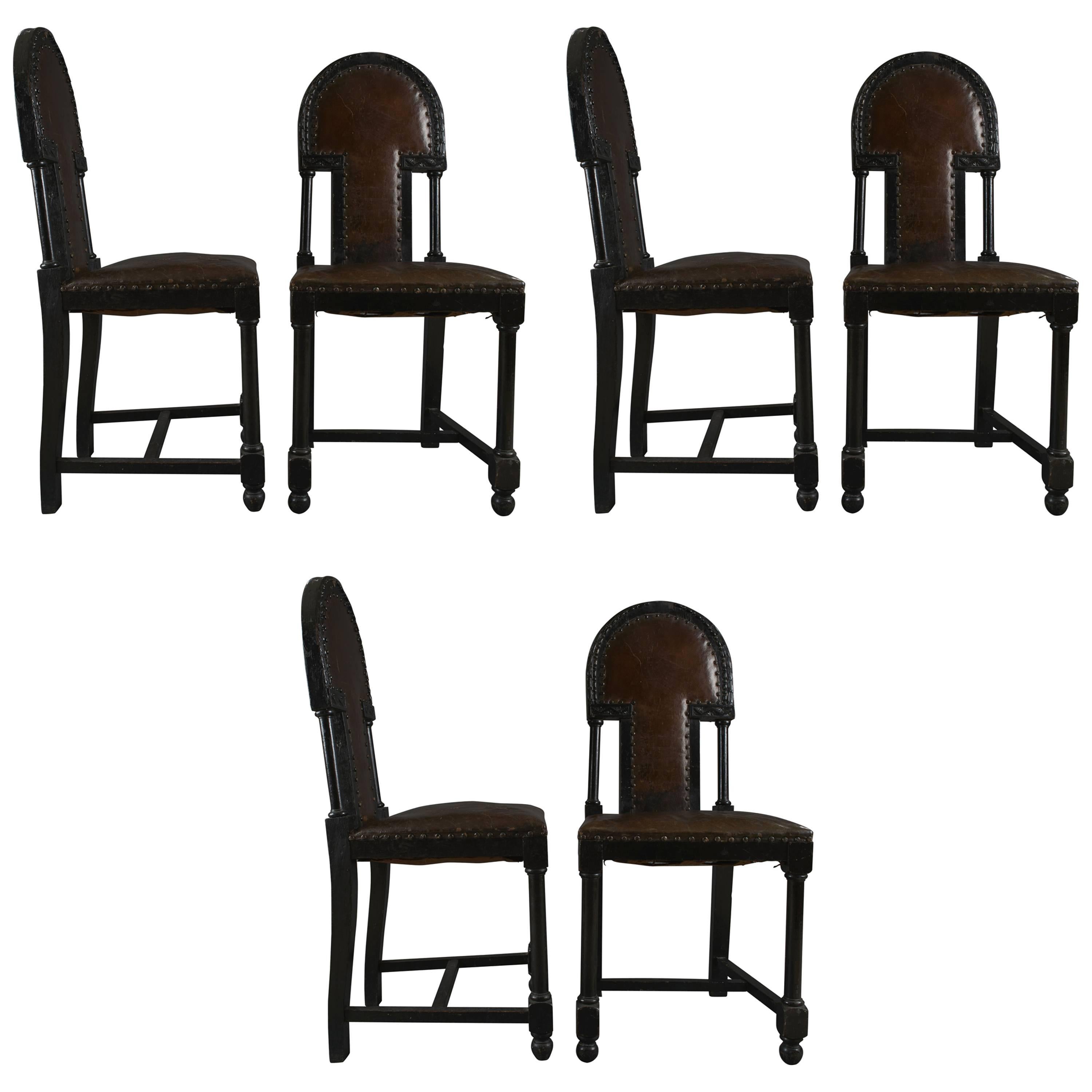 Set of Six Chairs in Darken Wood and Studded Brown Leather, Vienna, circa 1920 For Sale