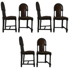 Set of Six Chairs in Darken Wood and Studded Brown Leather, Vienna, circa 1920