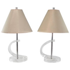 Pair of Mid-Century Modern Chrome and Lucite Table Lamps Single Socket