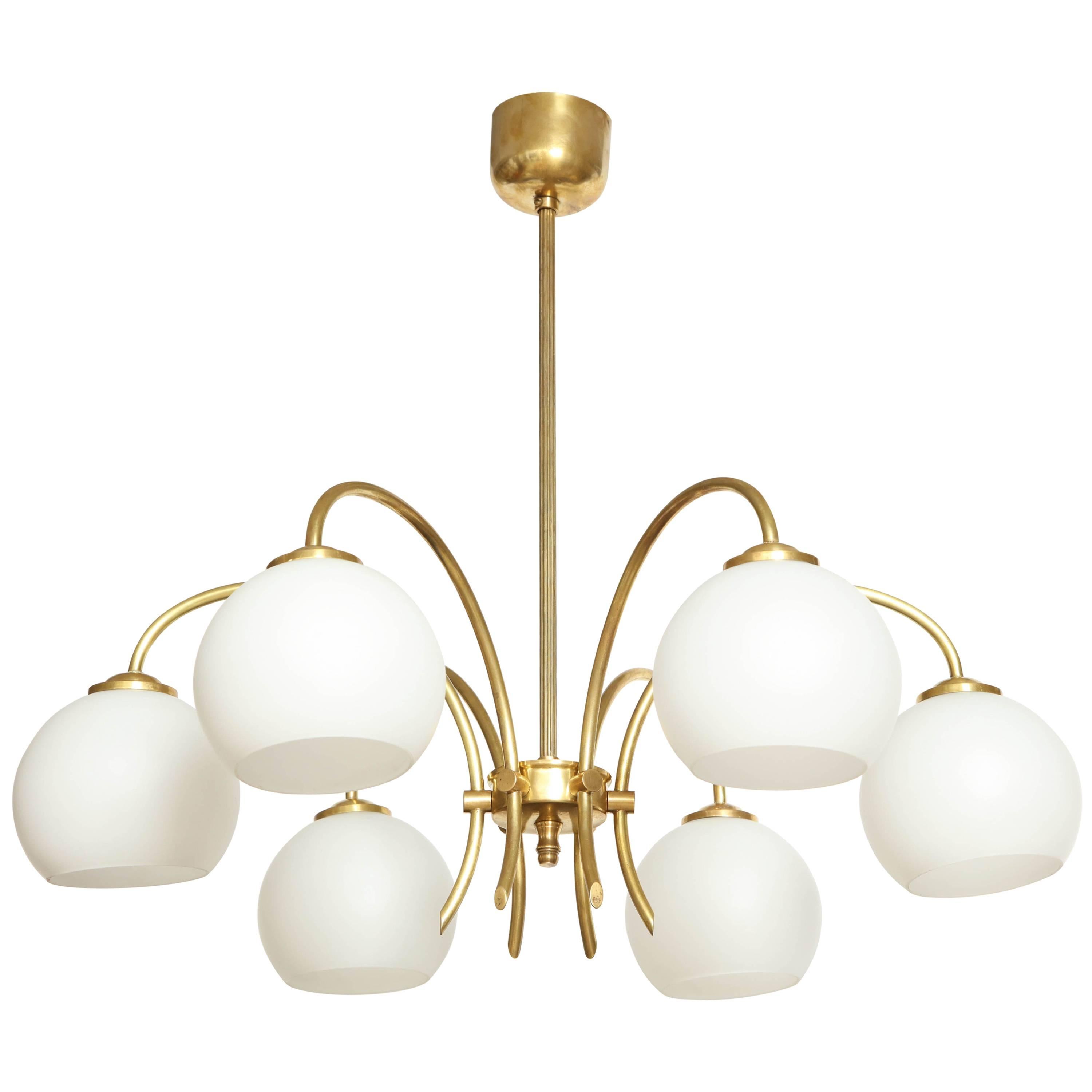 Danish Six Arched Arm Brass and Milk Glass Chandelier, circa 1960s