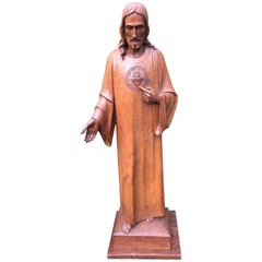 Antique Carved Oak Sacred Heart Statue Wooden Christ Sculpture