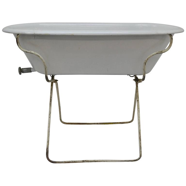 Vintage Porcelain Enamel Baby Bath on Stand at 1stdibs