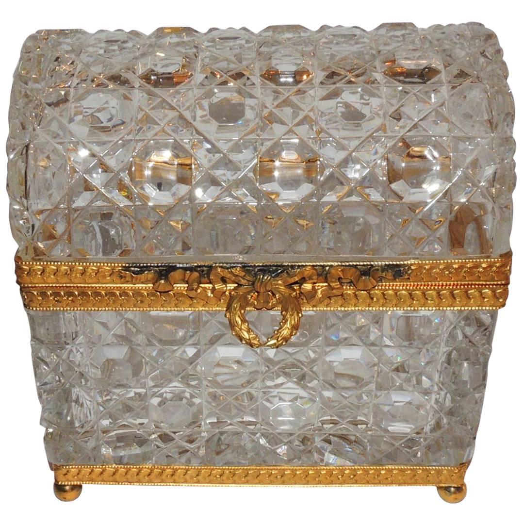 French Ormolu Faceted Cut Crystal Dome Ormolu Wreath Bow Box Casket Jewelry Case