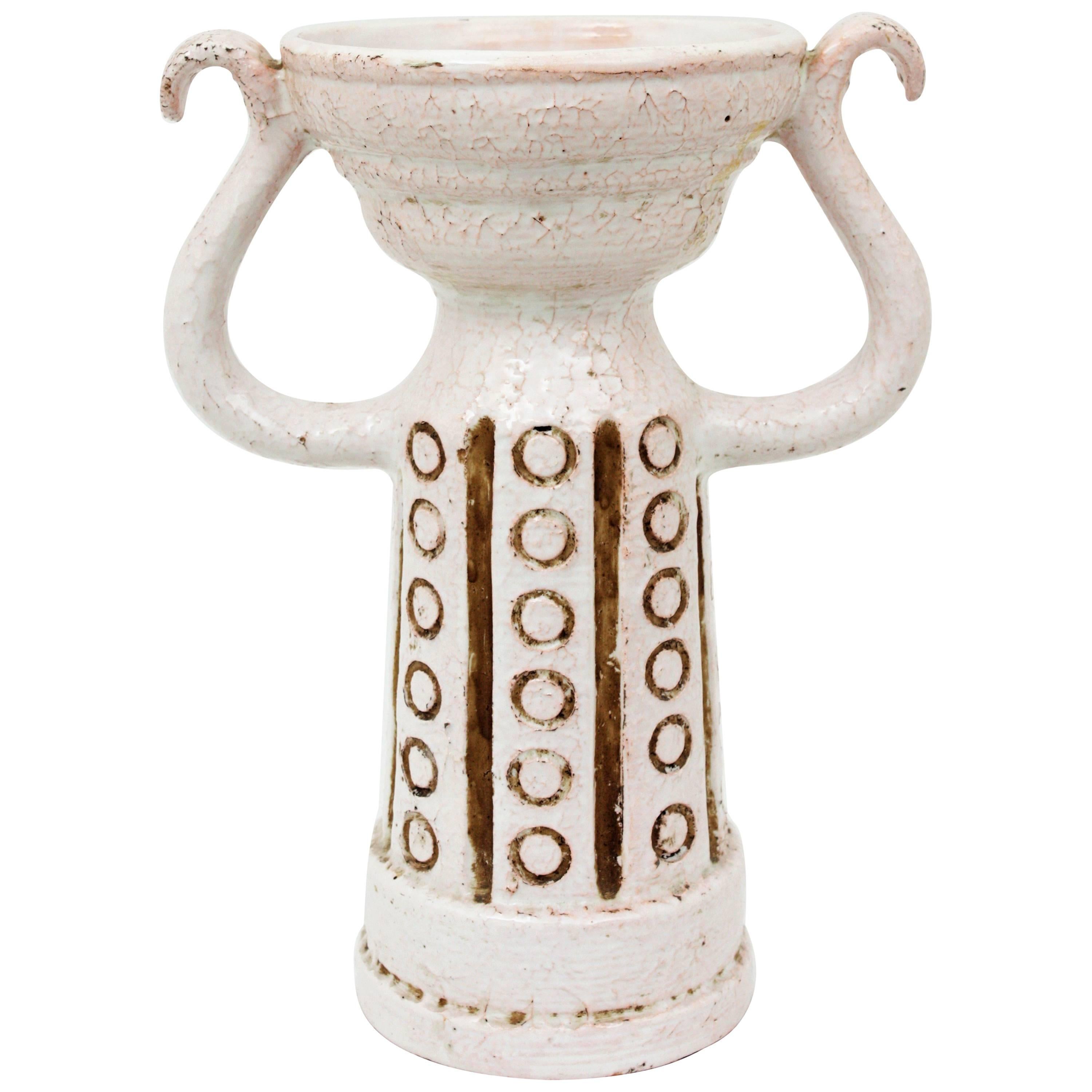 Sculptural Italian 1950s White Glazed Stoneware Double Handled Vase