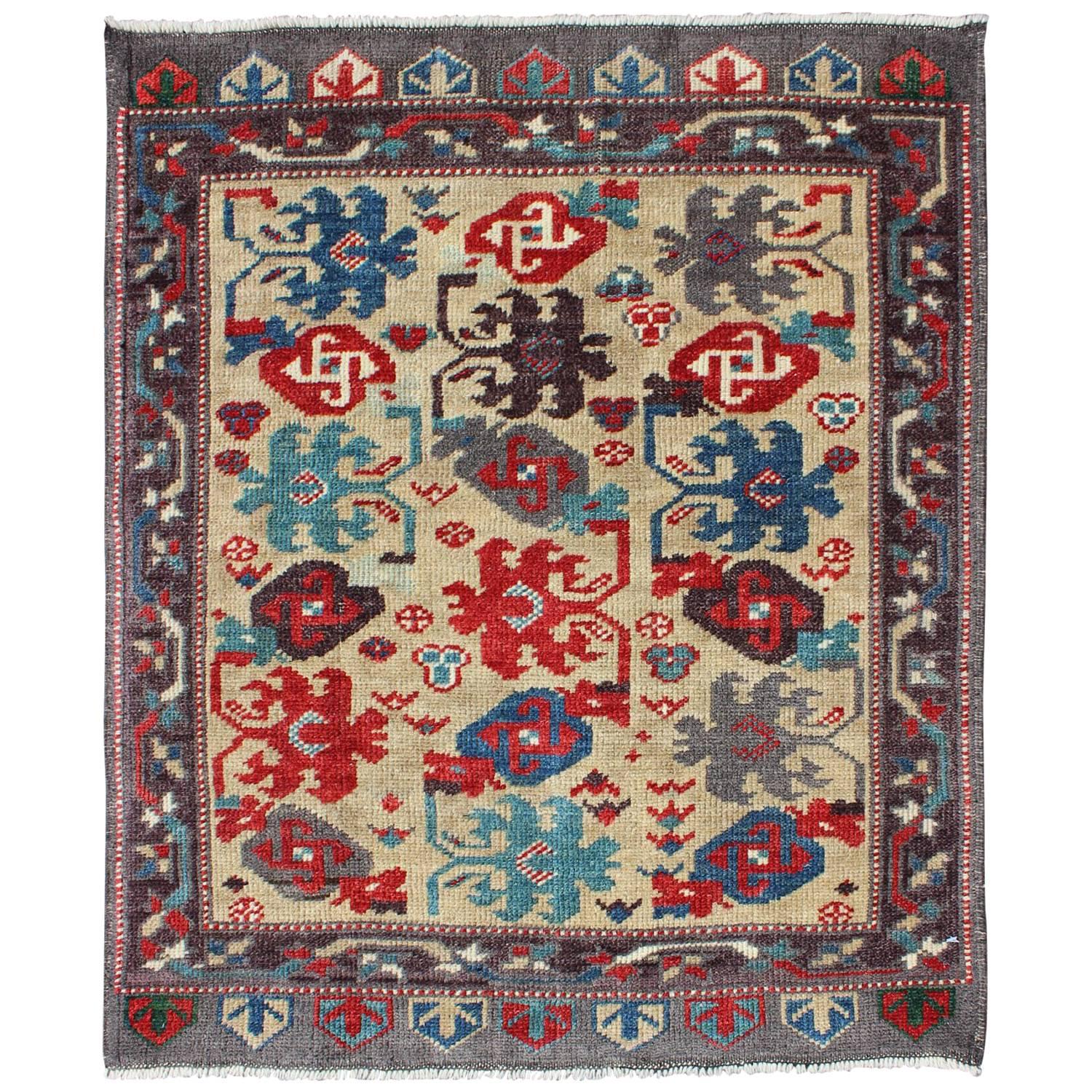 Midcentury Vintage Turkish Oushak Rug with All-Over Tribal Pattern in Cream For Sale
