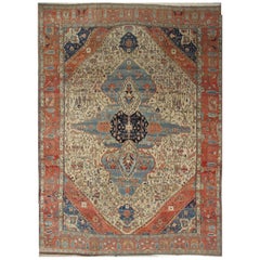 Antique Kashan Carpet, Handmade Wool Carpet, Ivory, Light Blue, Rust, Navy