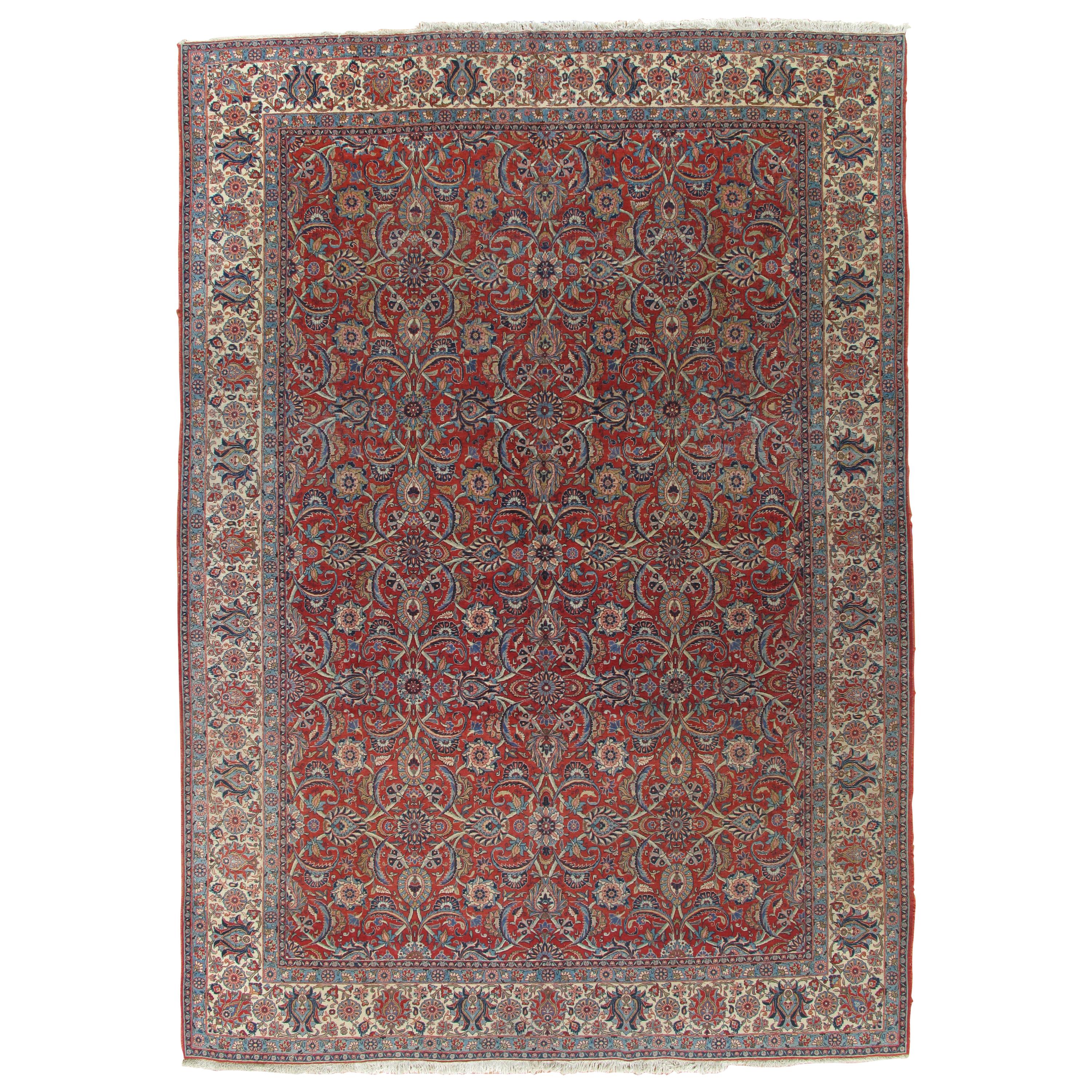 Antiker Dabir Kashan-Teppich, handgefertigter Wollteppich, Rot, Marineblau, Elfenbein