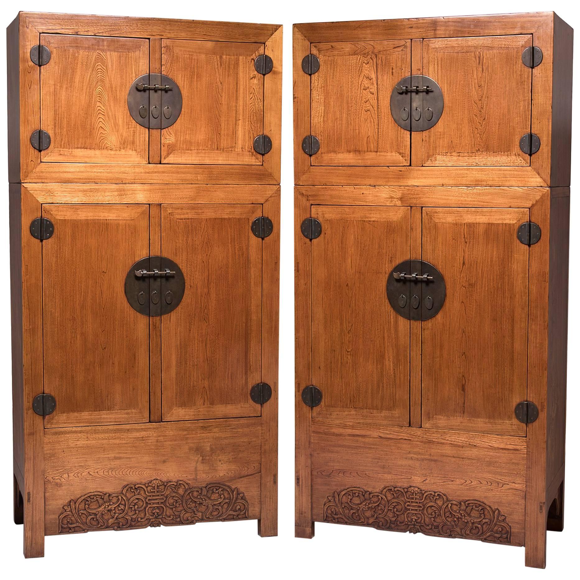 Pair of Chinese Double Dragon Compound Cabinets, c. 1830s