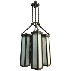 Industrial Design Hand-Carved Wooden Art Deco Pendant Light Faux Wrought Iron