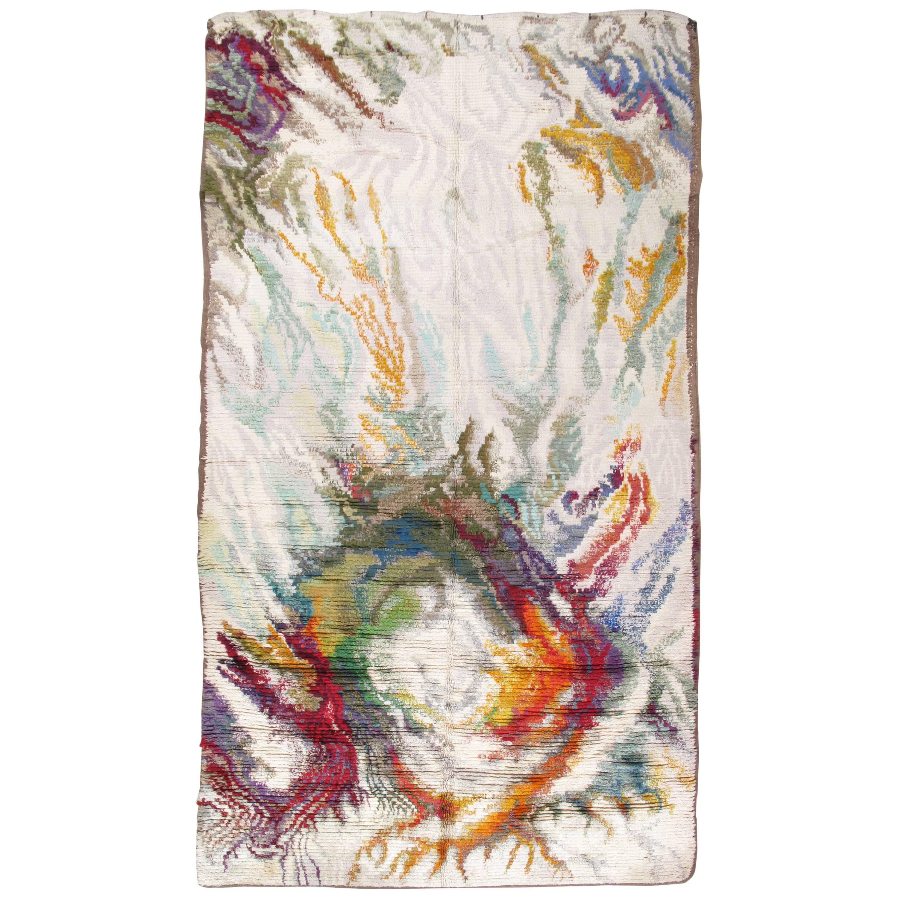 Tapis Rya fait main, tapis de laine multicolore, coloré, vibrant, blanc en vente