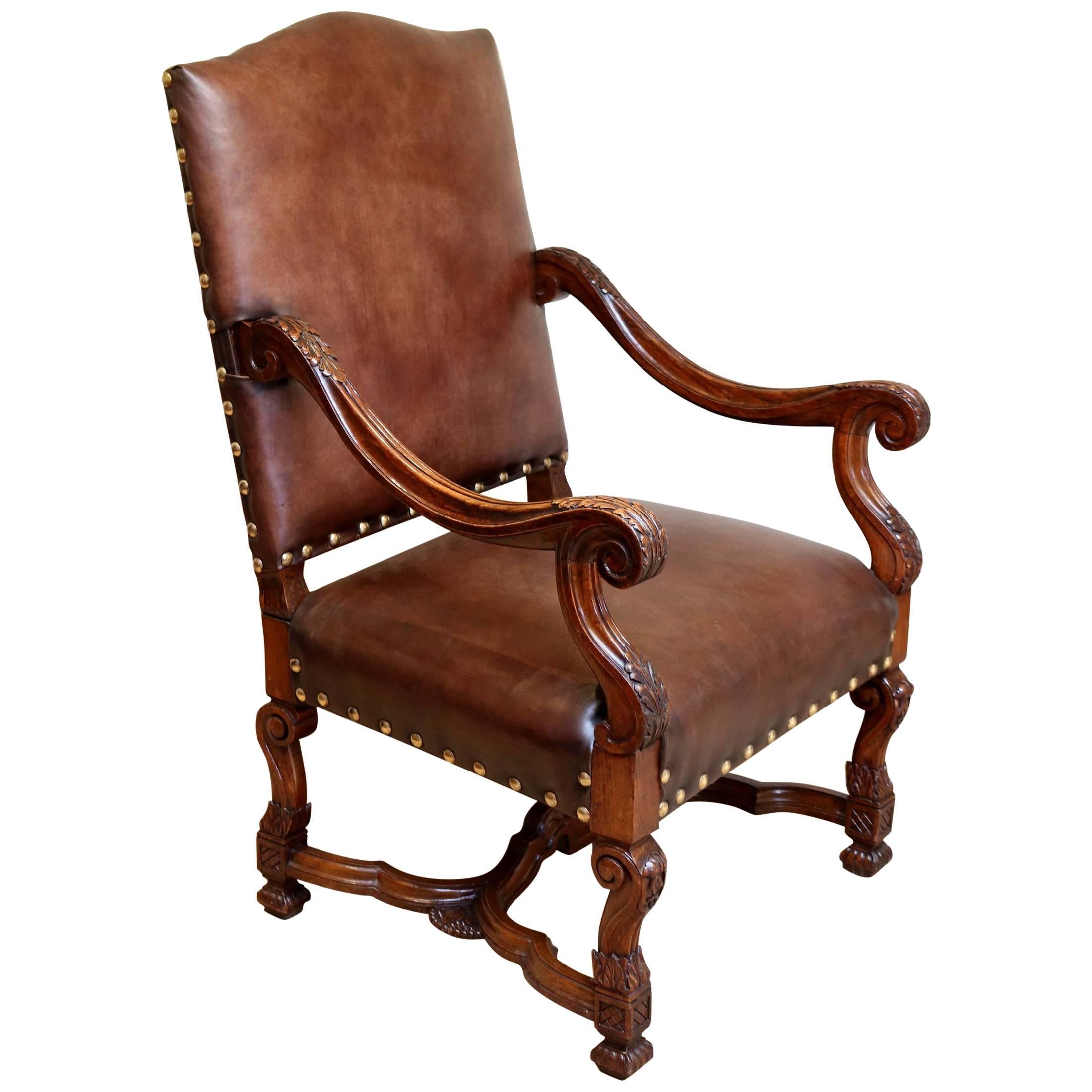 French Carved Wooden Leather Chair For Sale