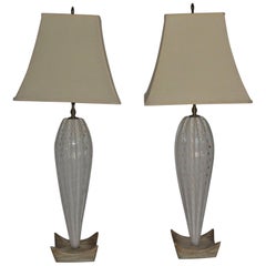Pair of White Mid-Century Murano Lamps with a Unique Wooden Base and Gold Accent