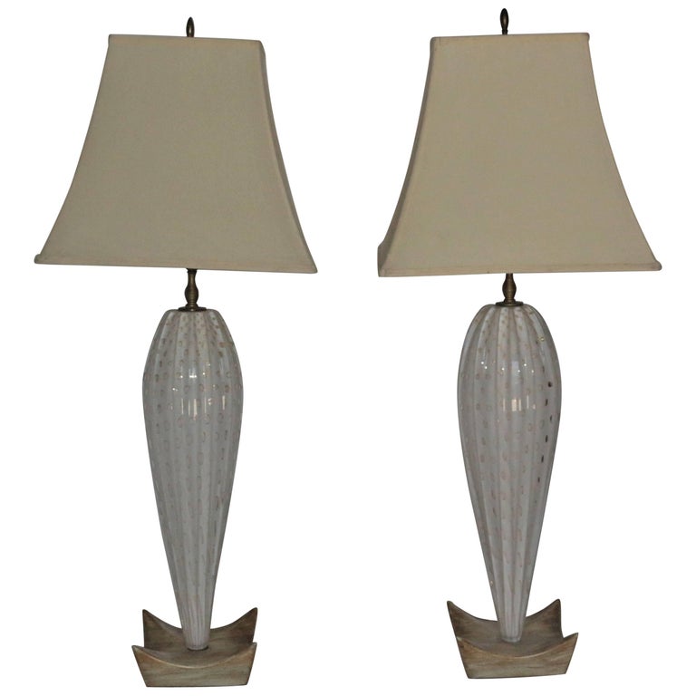 Pair of White MidCentury Murano Lamps with a Unique Wooden Base and Gold Accent at 1stDibs
