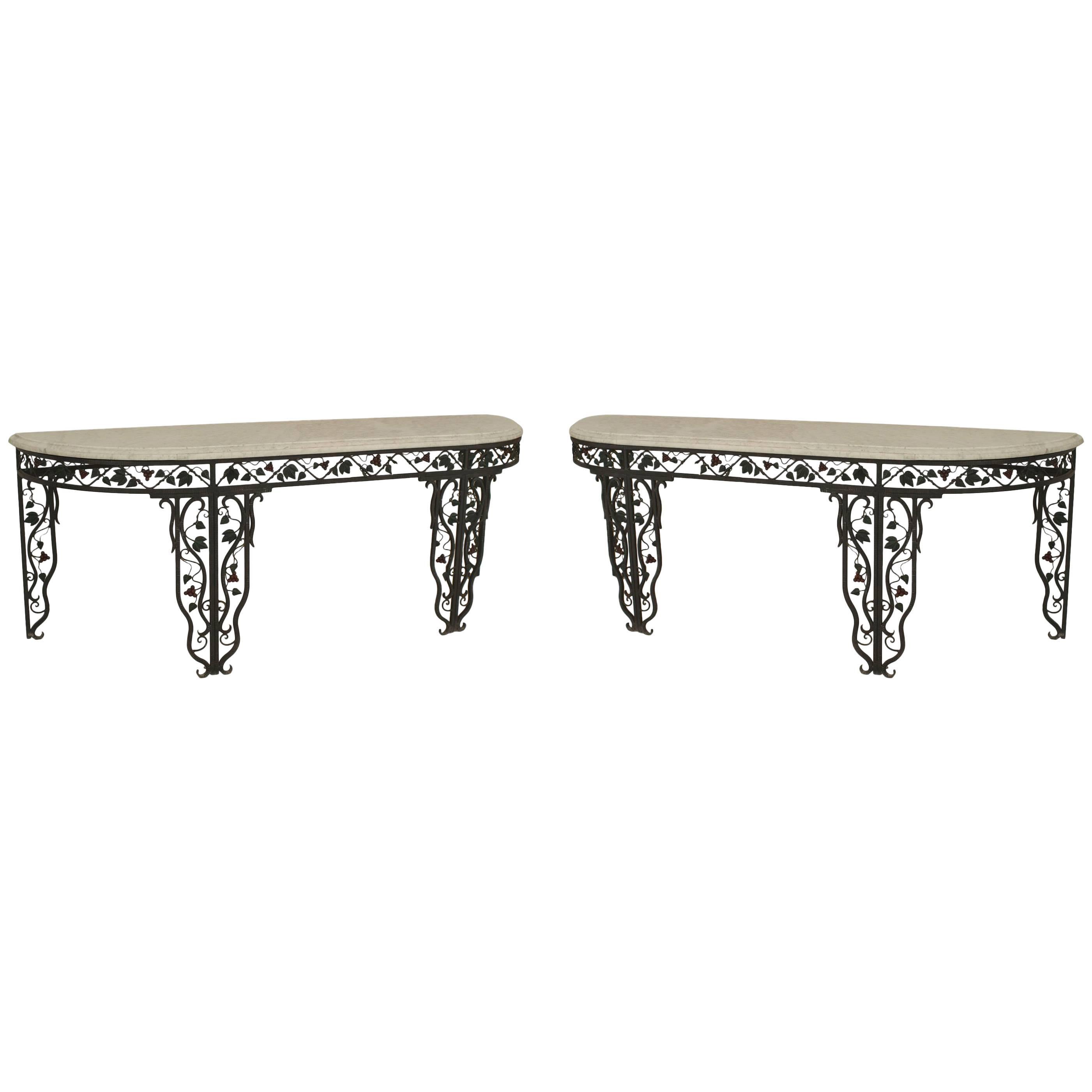 Pair of French 1940s Wrought Iron Console Tables For Sale