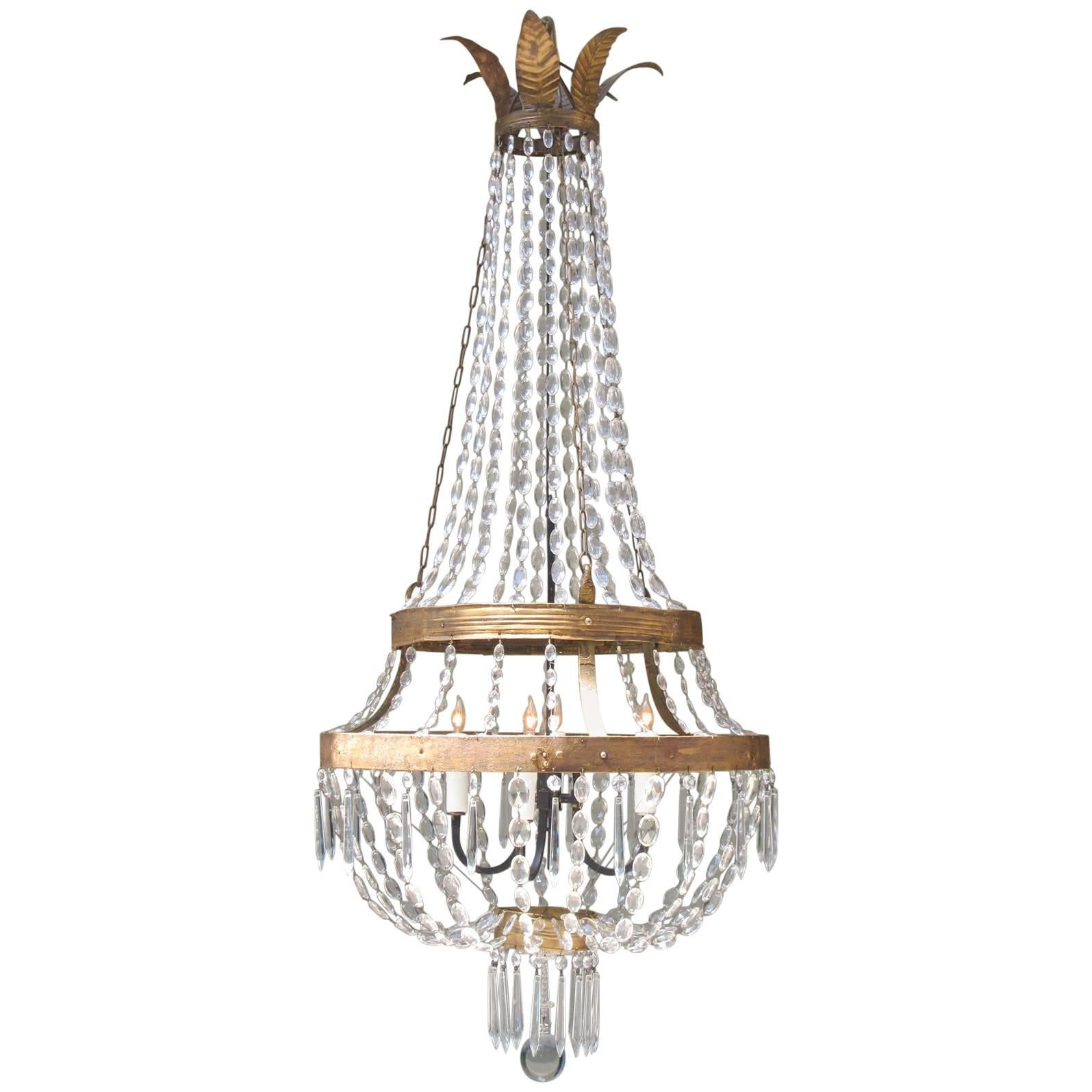 18th Century Italian Empire Iron, Crystal and Tole Basket Chandelier