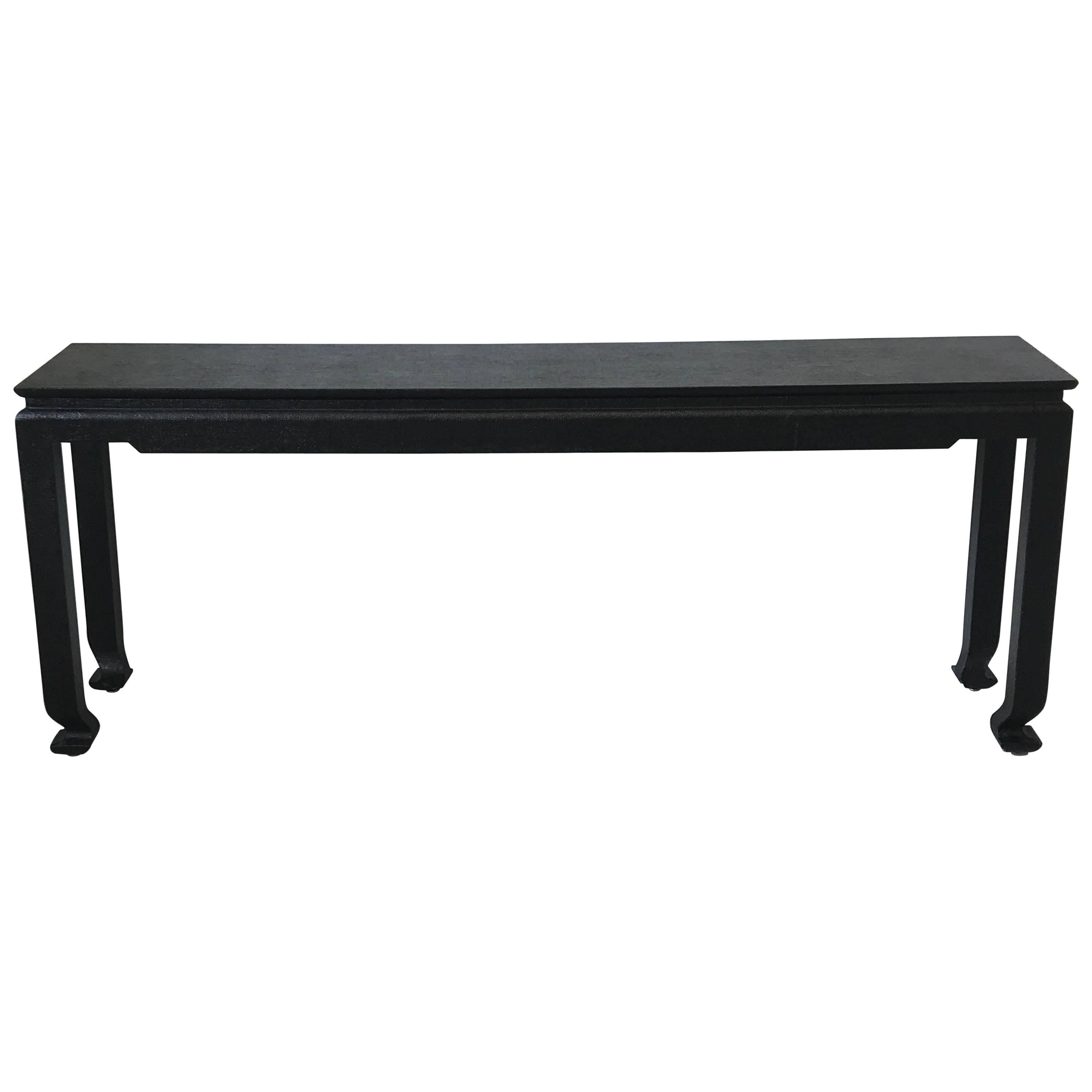 1970s Black Grasscloth Lacquered Ming Style Console Table