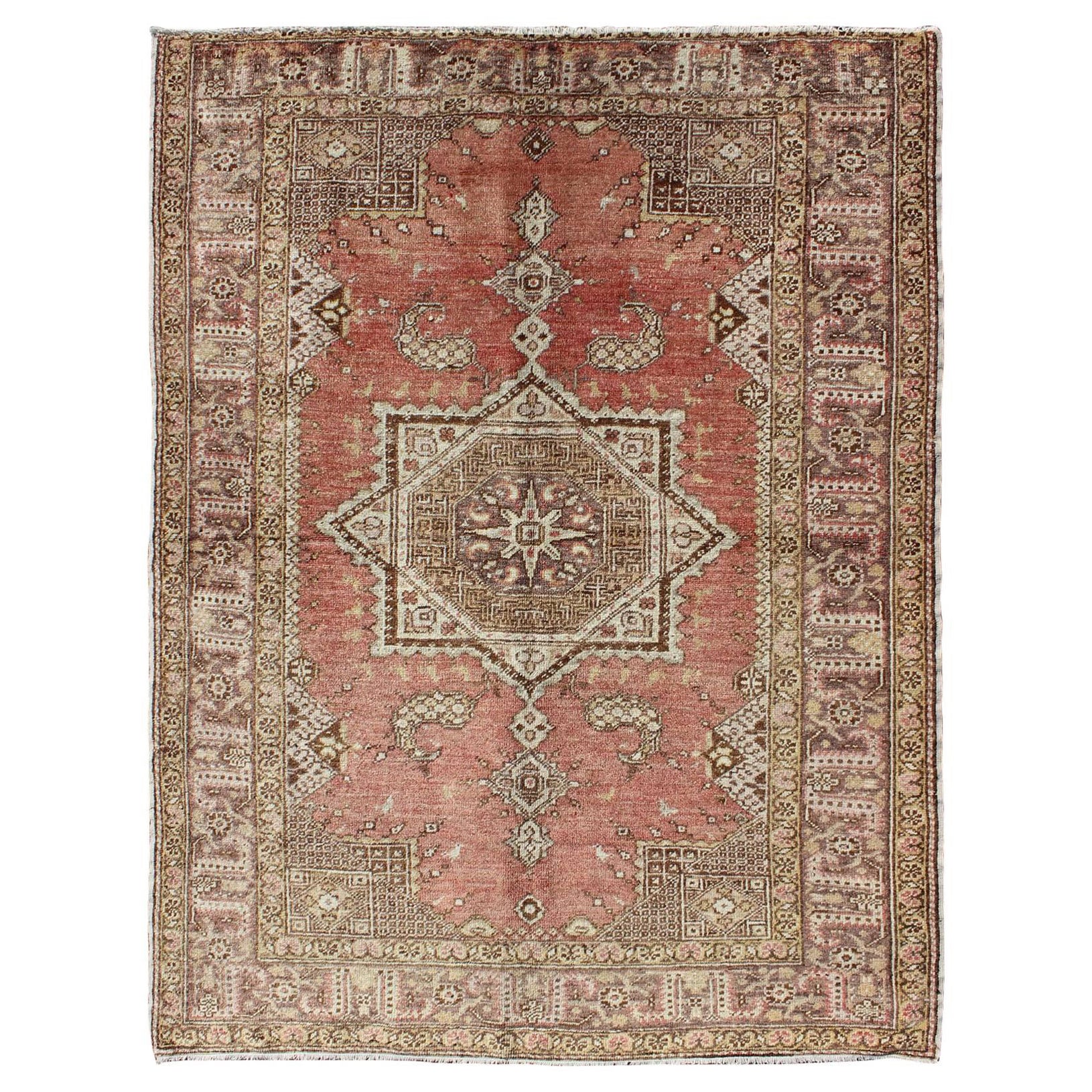 Vintage Turkish Oushak Rug with Geometric Star Medallion in Red, Ivory and Taupe