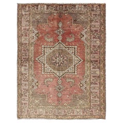 Vintage Turkish Oushak Rug with Geometric Star Medallion in Red, Ivory and Taupe