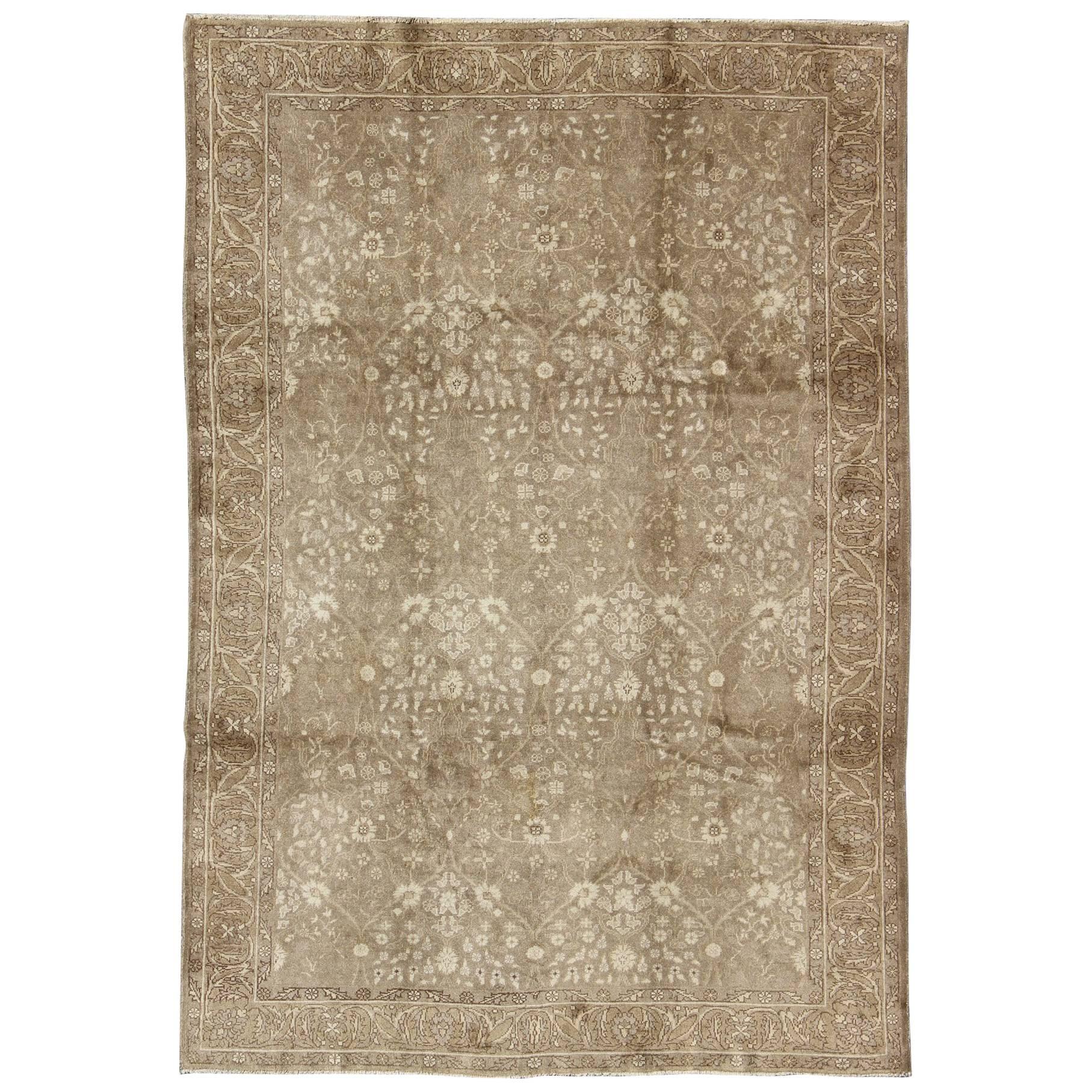 Midcentury Vintage Turkish Oushak Rug with All-Over Botanical Pattern in Neutral For Sale