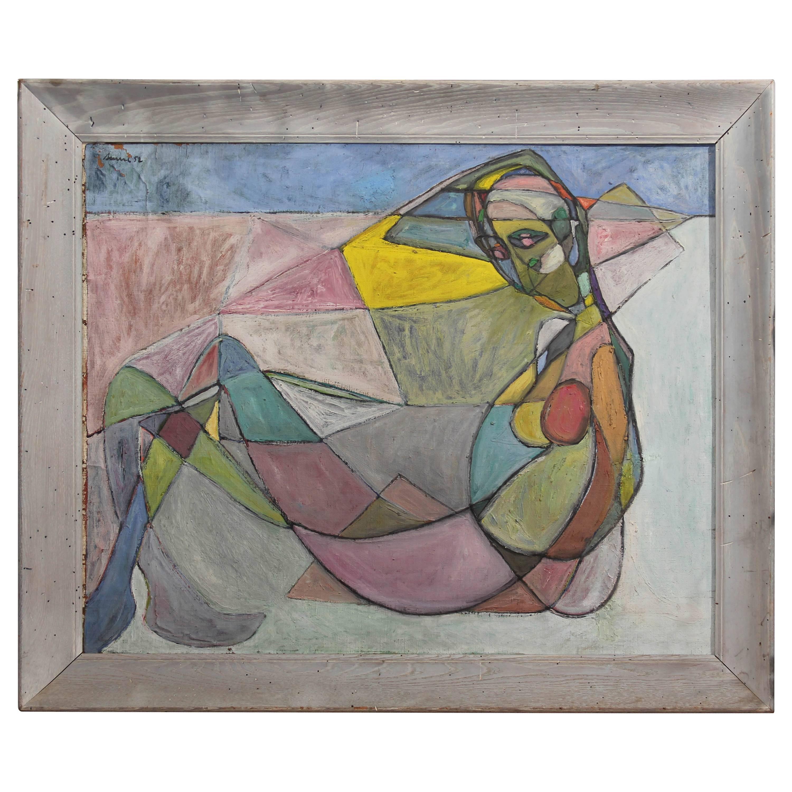 Abstracto grande de mediados de siglo en marco azul