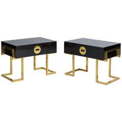 Vintage Romeo Rega Pair Sculptural Bedside End Tables Drawer Black Brass Painted 1970s