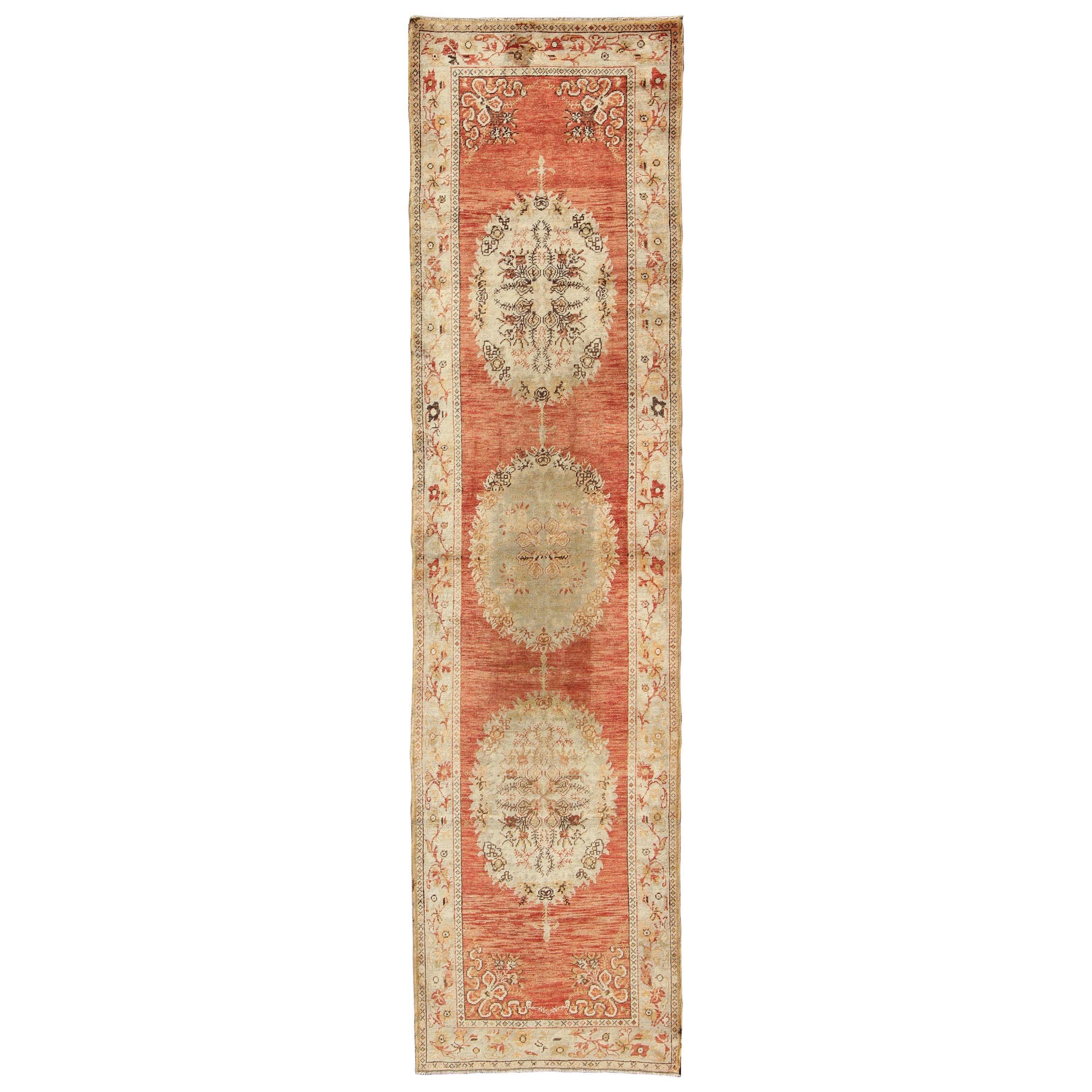 Oushak Runner With Floral Medallions in Soft Orange Red, Olive Green & Ivory For Sale