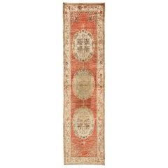 Oushak Runner With Floral Medallions in Soft Orange Red, Olive Green & Ivory