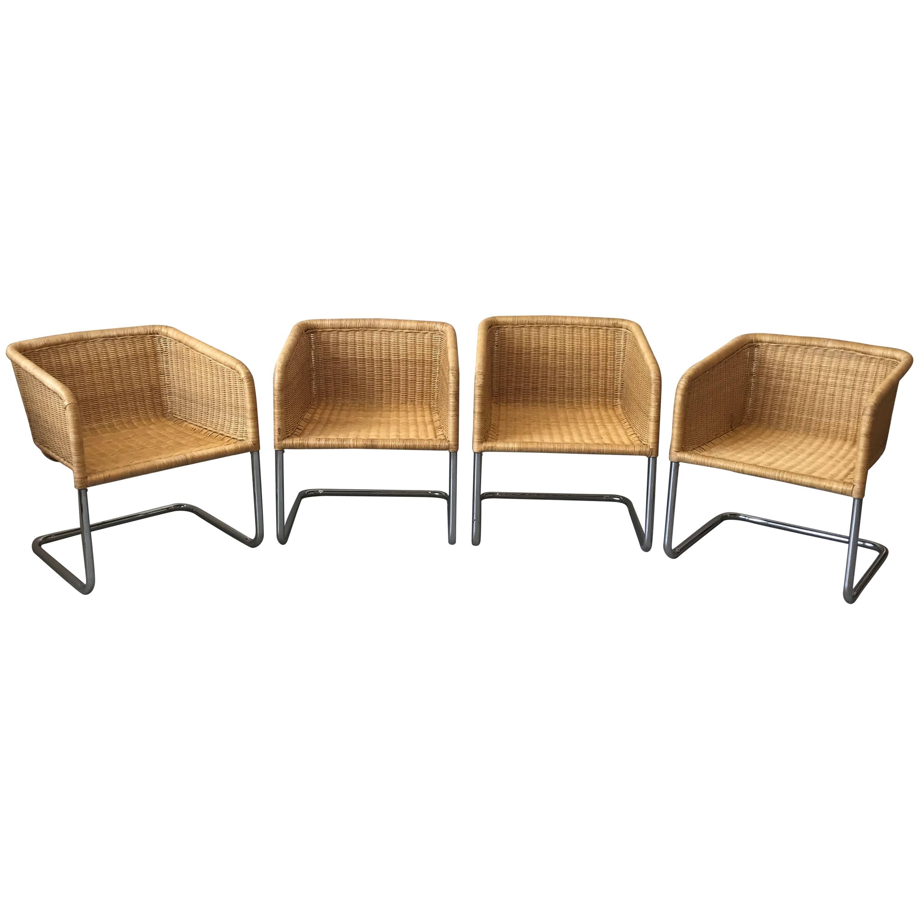 Fabricius & Kastholm Style Wicker and Chrome Cantilever Chairs, Set of Four