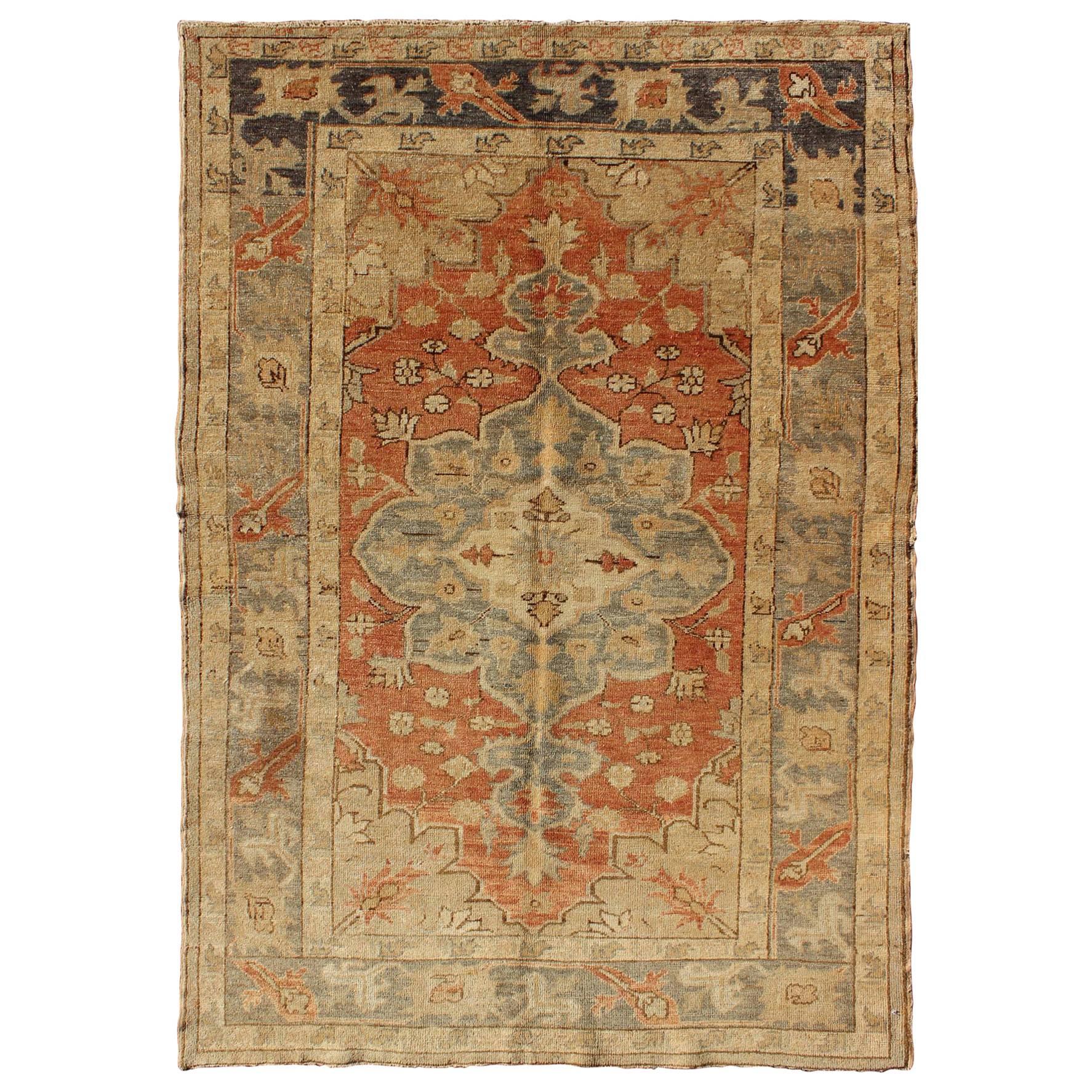 Antique Turkish Oushak Rug with Floral Motifs in Soft Orange, Grey and Taupe