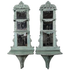 Italian Carved Painted Rococo Style Consoles and Mirrors, Pair