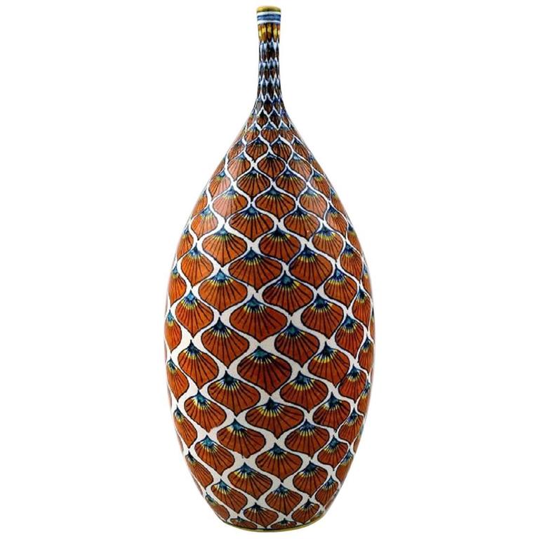 Franco Mari, Deruta Large Ceramic Vase, Narrow Neck, Italy, Late 20th