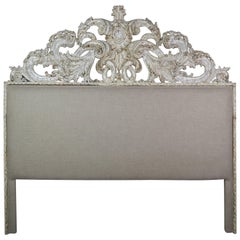 French Painted Belgium Linen Rococo Style Headboard