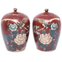 Pair of Chinese Painted Oxblood Jars with Phoenix and Peonies 11