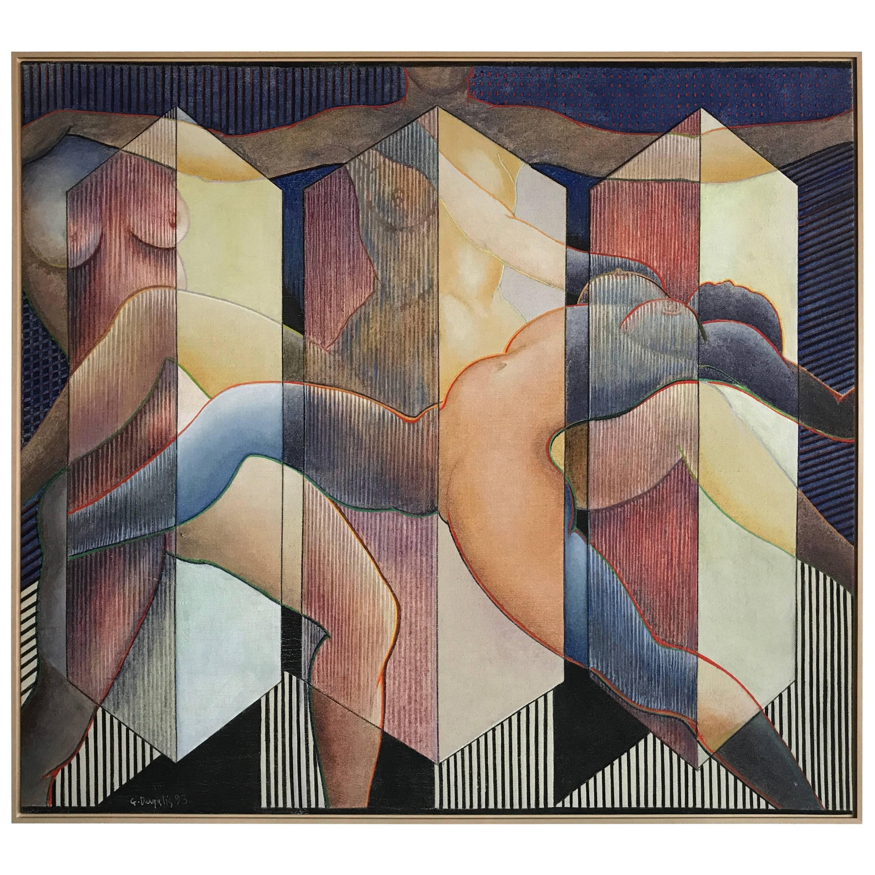 George Dergalis 1993 Painting on Linen of Three Nude Woman