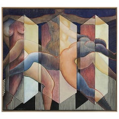 Peinture sur lin de George Dergalis représentant trois femmes nues, 1993