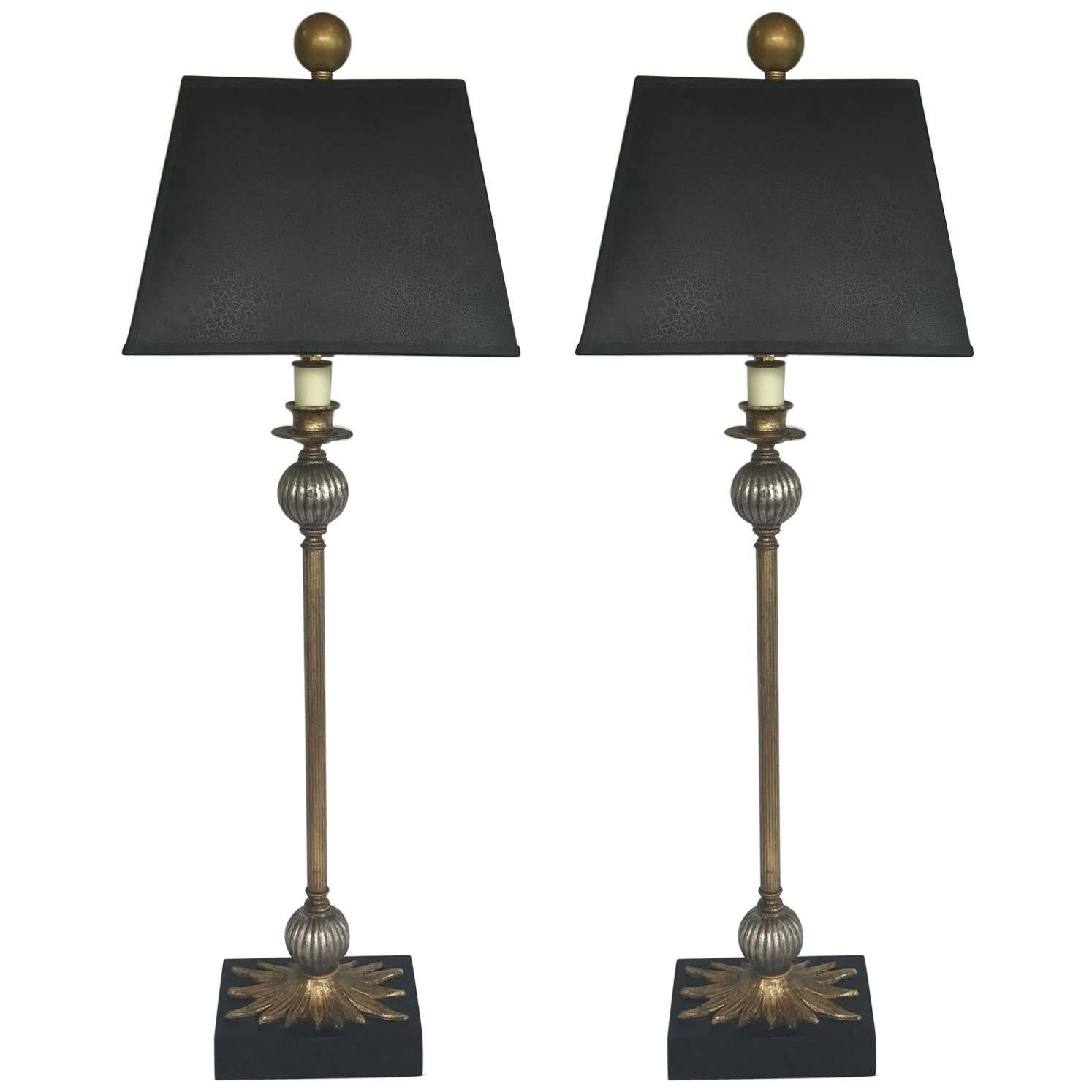 Pair of Maison Jansen Style Candlestick Lamps with Textured Shades