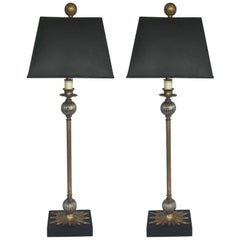Antique Pair of Maison Jansen Style Candlestick Lamps with Textured Shades