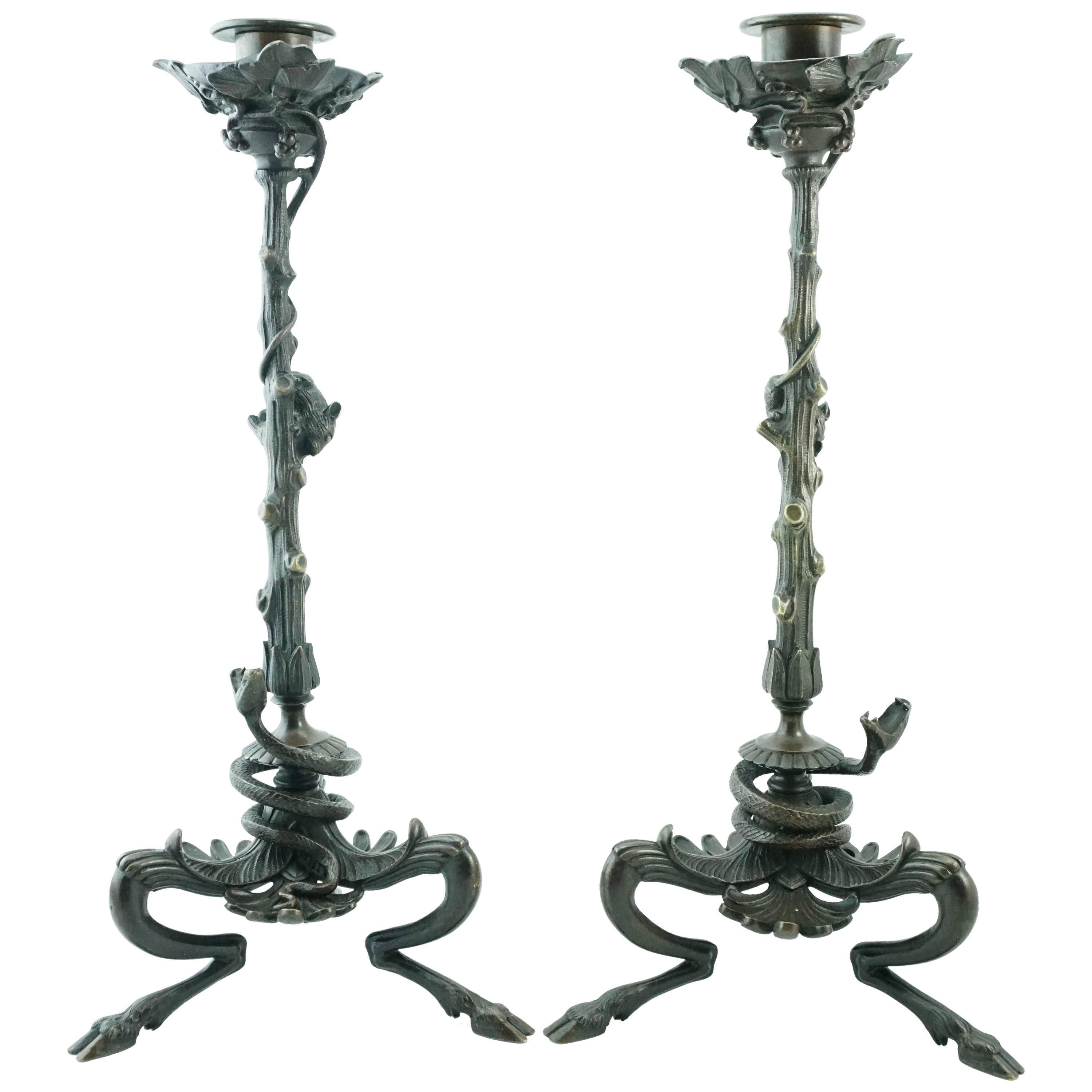 Victor Paillard Pair of Bronze Snake and Mouse Candelabra