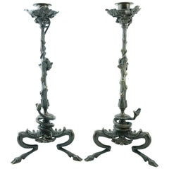 Antique Victor Paillard Pair of Bronze Snake and Mouse Candelabra
