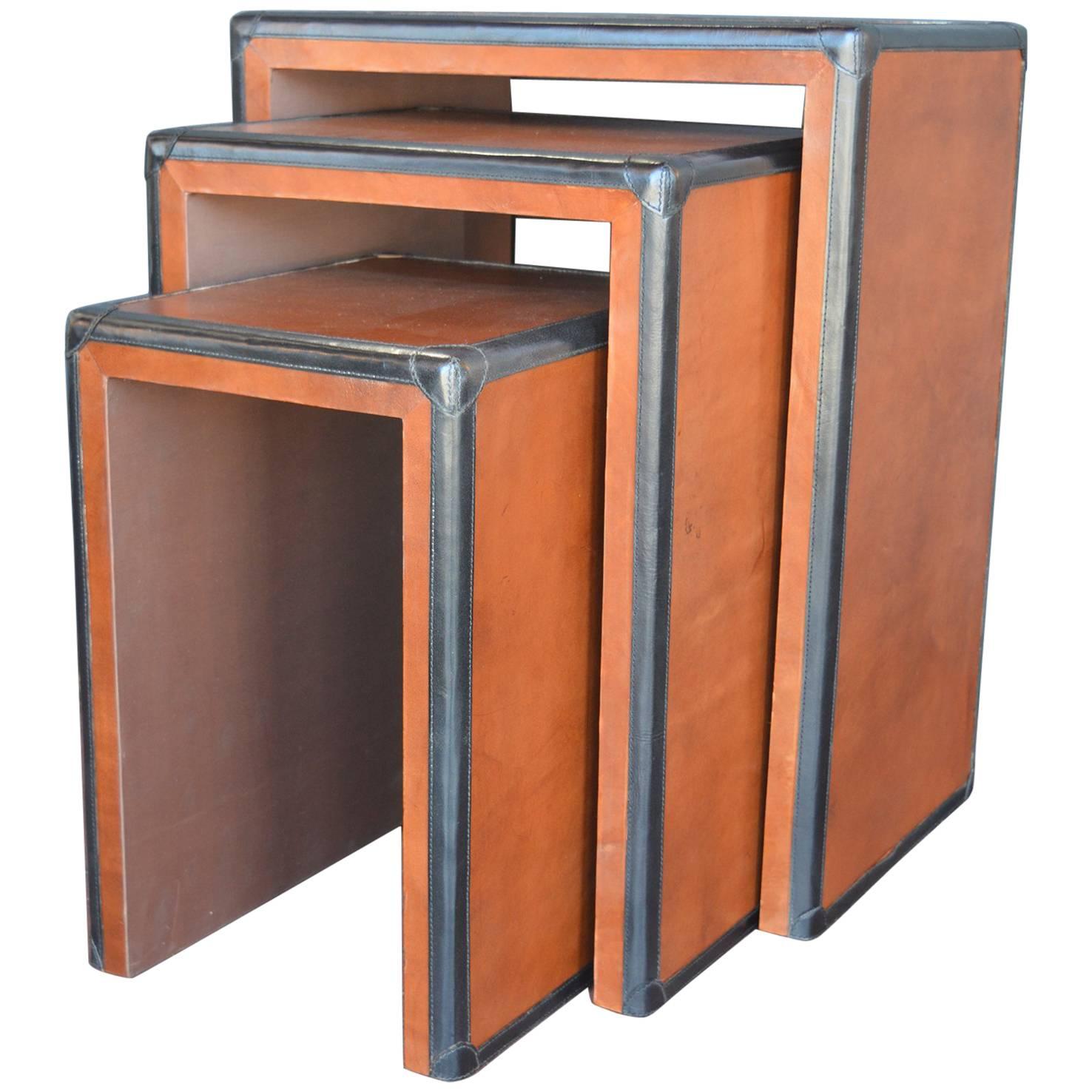 Brown and Black Leather Nesting Tables