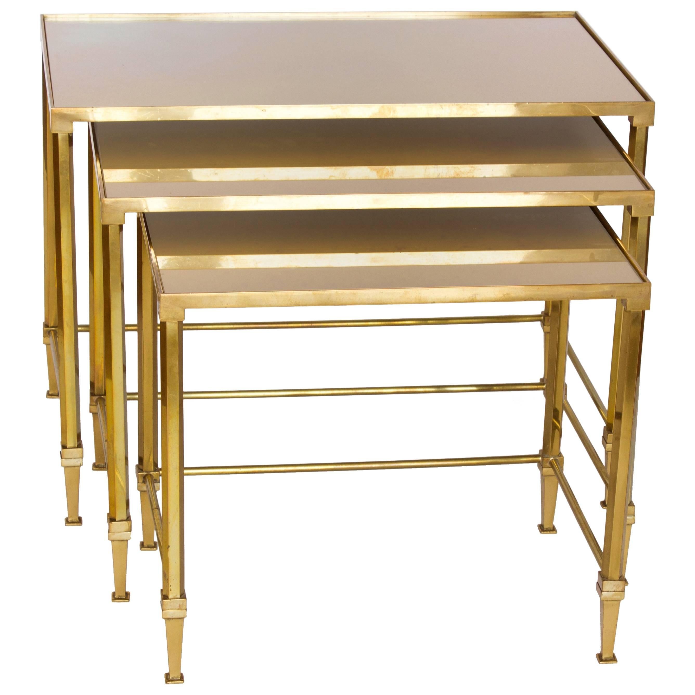 Three Maison Jansen Brass Nesting Tables with Gold Oxyde Mirrored Top