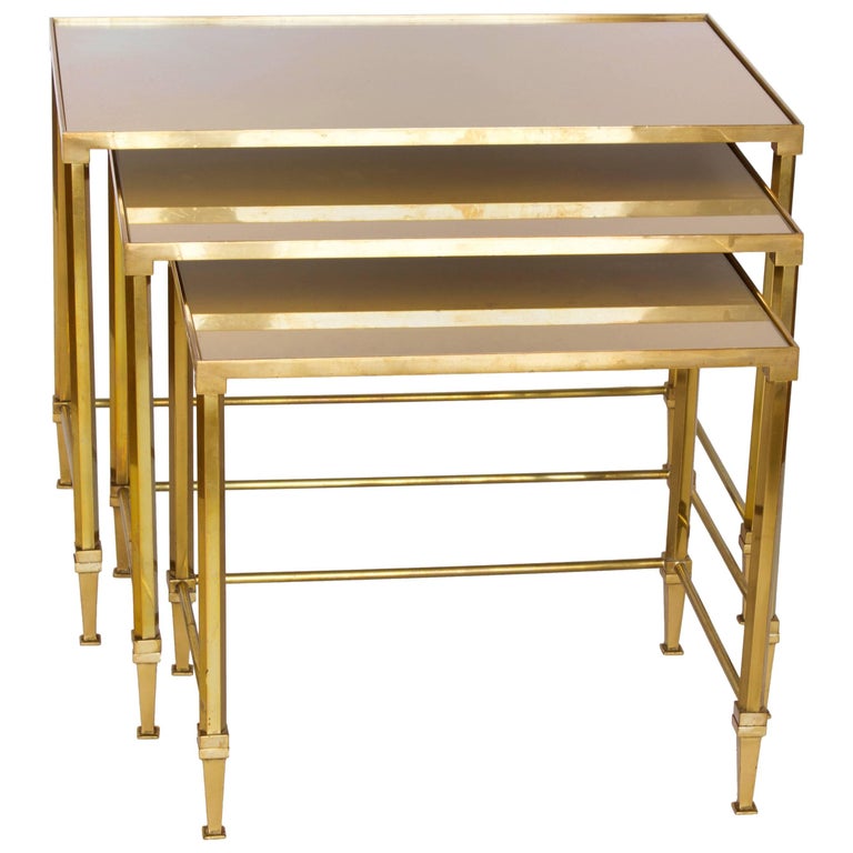 Three Maison Jansen Brass Nesting Tables With Gold Oxyde Mirrored Top